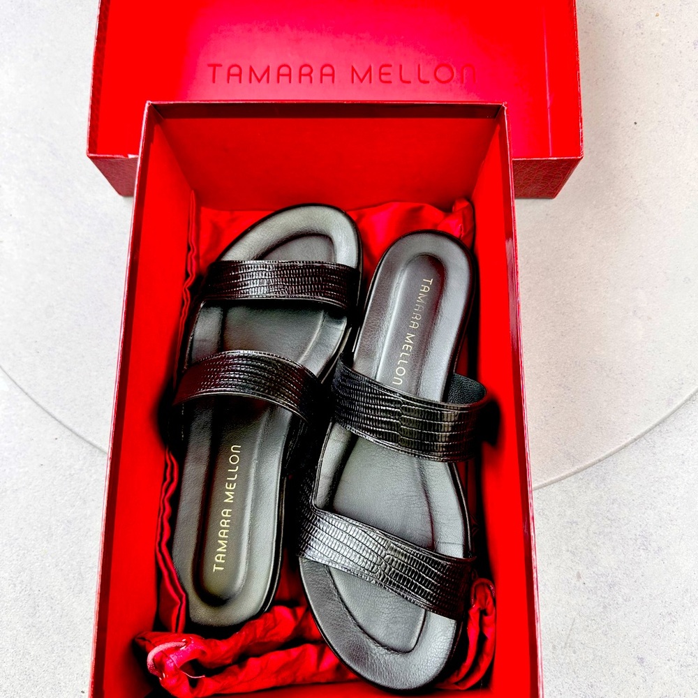 Tamara Mellon ROAM! Black sandals lizard print, size 38.5 with box.